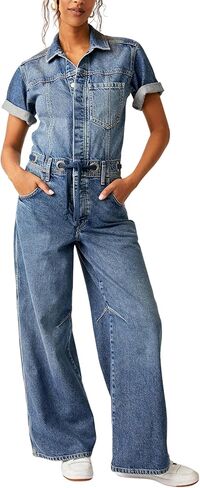 Free People Edison Wideleg Coverall Cape Blue LG (Women's 12) in Saudi Arabia