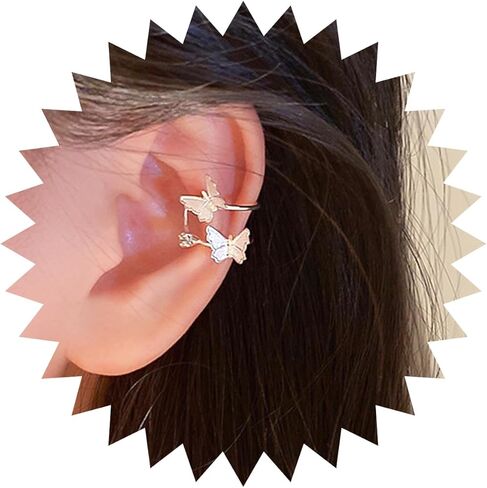 اقراط اذن على شكل فراشة مرصعة باحجار الراين اللامعة من دبليو زد ان بي واي، اقراط فضية على شكل فراشة ملتفة حول الاقراط، اقراط غير مثقوبة على شكل فراشة مزدوجة بمشبك على غضروف الاذن in Kuwait