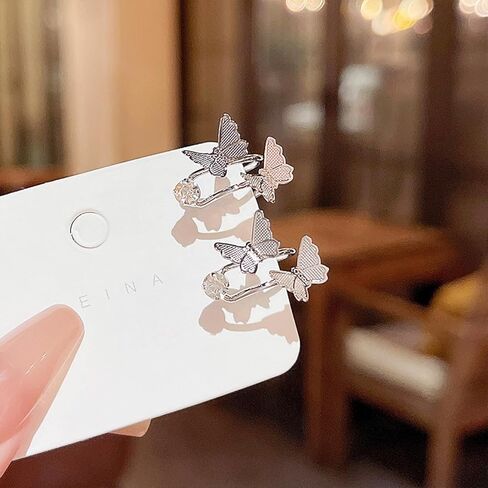 اقراط اذن على شكل فراشة مرصعة باحجار الراين اللامعة من دبليو زد ان بي واي، اقراط فضية على شكل فراشة ملتفة حول الاقراط، اقراط غير مثقوبة على شكل فراشة مزدوجة بمشبك على غضروف الاذن in Kuwait