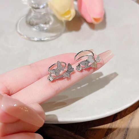 اقراط اذن على شكل فراشة مرصعة باحجار الراين اللامعة من دبليو زد ان بي واي، اقراط فضية على شكل فراشة ملتفة حول الاقراط، اقراط غير مثقوبة على شكل فراشة مزدوجة بمشبك على غضروف الاذن in Kuwait