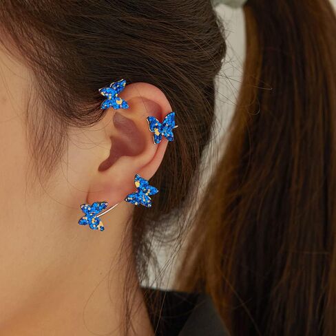 Sparkling Sequins Butterfly Ear Cuffs 2pcs Colorful Tiny Butterfly Cartilage Climber Ear Wrap Non-Pierced Clip on Earrings for Women and Girls (Blue) in Saudi Arabia