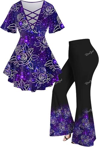 Rosegal Plus Size Rose Floral 3D SequinedTee and Leggings Matching Set in Saudi Arabia