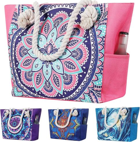XL Canvas Waterproof Sandproof Utility Beach Tote Bag Cotton Rope With Zipper Packable Beachbag Gear Summer Swim Pool Family Cruise Essentials For Women Birthday Gift Pink Mandala Boho Bohemian in Saudi Arabia