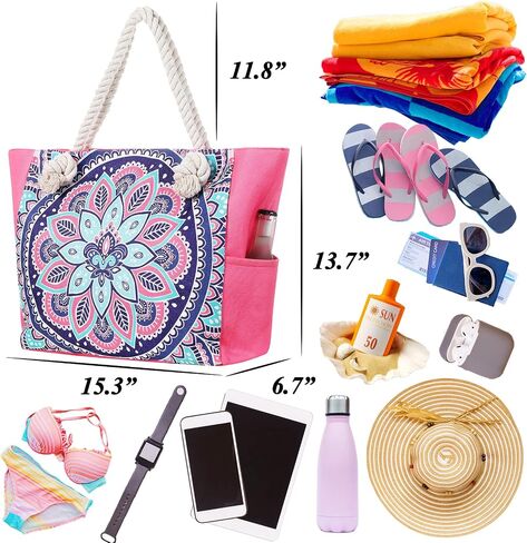 XL Canvas Waterproof Sandproof Utility Beach Tote Bag Cotton Rope With Zipper Packable Beachbag Gear Summer Swim Pool Family Cruise Essentials For Women Birthday Gift Pink Mandala Boho Bohemian in Saudi Arabia