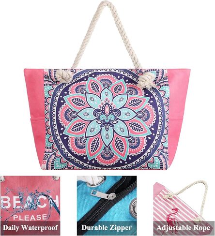 XL Canvas Waterproof Sandproof Utility Beach Tote Bag Cotton Rope With Zipper Packable Beachbag Gear Summer Swim Pool Family Cruise Essentials For Women Birthday Gift Pink Mandala Boho Bohemian in Saudi Arabia