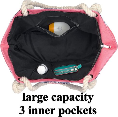 XL Canvas Waterproof Sandproof Utility Beach Tote Bag Cotton Rope With Zipper Packable Beachbag Gear Summer Swim Pool Family Cruise Essentials For Women Birthday Gift Pink Mandala Boho Bohemian in Saudi Arabia