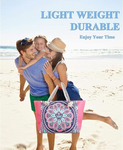 XL Canvas Waterproof Sandproof Utility Beach Tote Bag Cotton Rope With Zipper Packable Beachbag Gear Summer Swim Pool Family Cruise Essentials For Women Birthday Gift Pink Mandala Boho Bohemian in Saudi Arabia
