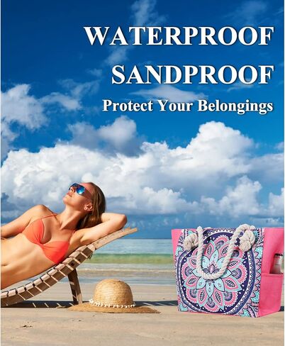 XL Canvas Waterproof Sandproof Utility Beach Tote Bag Cotton Rope With Zipper Packable Beachbag Gear Summer Swim Pool Family Cruise Essentials For Women Birthday Gift Pink Mandala Boho Bohemian in Saudi Arabia
