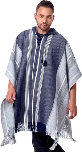 Hodded Gray and Blue Alpaca Poncho for Men - Home Cloak Cape for Winter Season - Blanket Wool Poncho in Kuwait