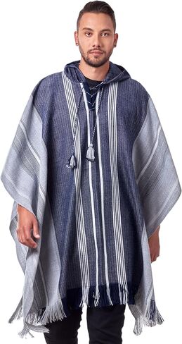 Hodded Gray and Blue Alpaca Poncho for Men - Home Cloak Cape for Winter Season - Blanket Wool Poncho in Kuwait