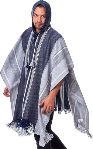 Hodded Gray and Blue Alpaca Poncho for Men - Home Cloak Cape for Winter Season - Blanket Wool Poncho in Kuwait