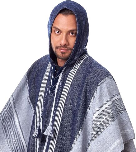 Hodded Gray and Blue Alpaca Poncho for Men - Home Cloak Cape for Winter Season - Blanket Wool Poncho in Kuwait