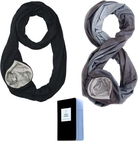 وشاح سفر Waypoint + حزمة هدايا مجلة - وشاح لا نهاية له من القطن الأسود خفيف الوزن مع جيب مخفي ووشاح سفر أوسلو رمادي أصلي مع جيب بسحاب للنساء ومجلة سفر سريعة in Kuwait