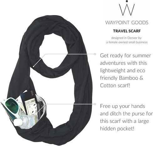 وشاح سفر Waypoint + حزمة هدايا مجلة - وشاح لا نهاية له من القطن الأسود خفيف الوزن مع جيب مخفي ووشاح سفر أوسلو رمادي أصلي مع جيب بسحاب للنساء ومجلة سفر سريعة in Kuwait