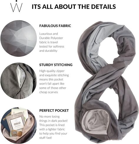 وشاح سفر Waypoint + حزمة هدايا مجلة - وشاح لا نهاية له من القطن الأسود خفيف الوزن مع جيب مخفي ووشاح سفر أوسلو رمادي أصلي مع جيب بسحاب للنساء ومجلة سفر سريعة in Kuwait