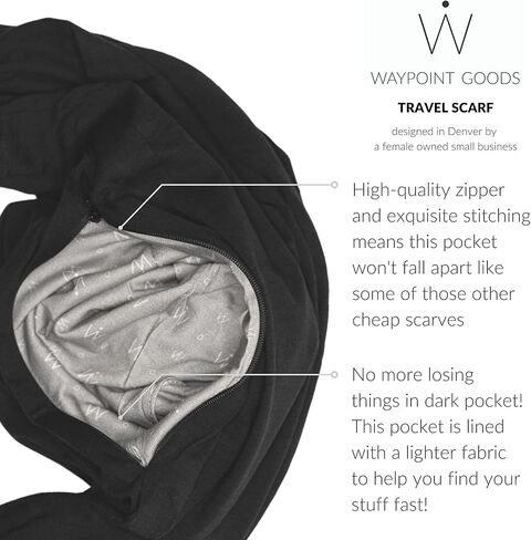 وشاح سفر Waypoint + حزمة هدايا مجلة - وشاح لا نهاية له من القطن الأسود خفيف الوزن مع جيب مخفي ووشاح سفر أوسلو رمادي أصلي مع جيب بسحاب للنساء ومجلة سفر سريعة in Kuwait