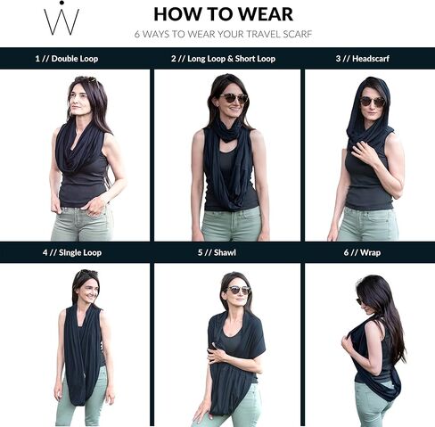 وشاح سفر Waypoint + حزمة هدايا مجلة - وشاح لا نهاية له من القطن الأسود خفيف الوزن مع جيب مخفي ووشاح سفر أوسلو رمادي أصلي مع جيب بسحاب للنساء ومجلة سفر سريعة in Kuwait