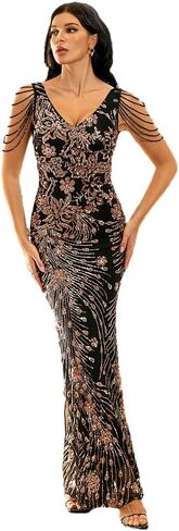 فستان سهرة طويل بتصميم حورية البحر من Lin Lin Q نسائي رسمي مزين بالترتر ورقبة على شكل حرف V، فستان حفلات بدون أكمام in Kuwait