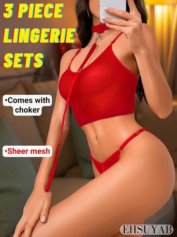 EHSUYAB 3PC Womens Mesh Lingerie Set, Removable Choker, Sheer Bra And Panty in Saudi Arabia