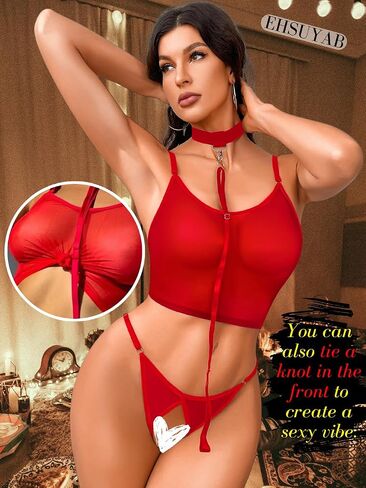 EHSUYAB 3PC Womens Mesh Lingerie Set, Removable Choker, Sheer Bra And Panty in Saudi Arabia