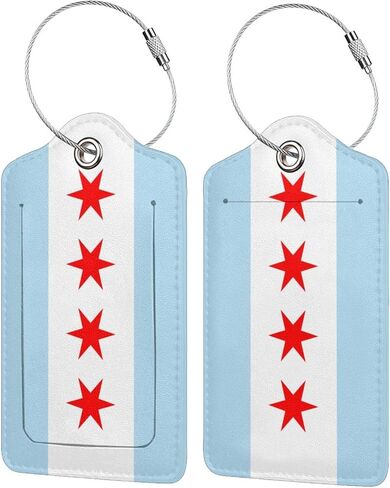 Chicago City Flag 2 Pcs Leather Luggage Tags Privacy Protection Id Tags with Stainless Steel Ring and Address Card. Suitable for Travel Bags Sports Equipment Pet Slings in Saudi Arabia