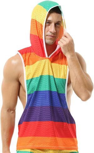 Akkad Kuti Rainbow Tank Top for Men Sexy Mesh Sleeveless Hoodies Pride Outfits Workout Tops Y-Back Muscle Shirts in Saudi Arabia