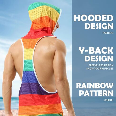 Akkad Kuti Rainbow Tank Top for Men Sexy Mesh Sleeveless Hoodies Pride Outfits Workout Tops Y-Back Muscle Shirts in Saudi Arabia