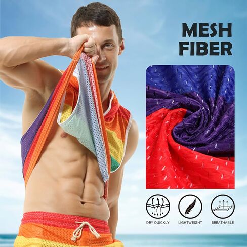 Akkad Kuti Rainbow Tank Top for Men Sexy Mesh Sleeveless Hoodies Pride Outfits Workout Tops Y-Back Muscle Shirts in Saudi Arabia