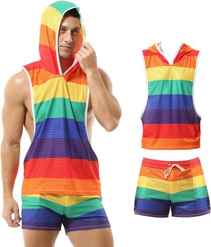 Akkad Kuti Rainbow Tank Top for Men Sexy Mesh Sleeveless Hoodies Pride Outfits Workout Tops Y-Back Muscle Shirts in Saudi Arabia
