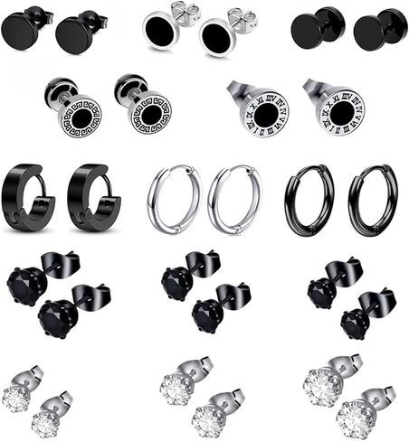 14 pairs of stainless steel earrings for men and women, multi piece anti allergic Huggie small ring earring set, exquisite black silver cubic zirconia cartilage earring hoop in Saudi Arabia