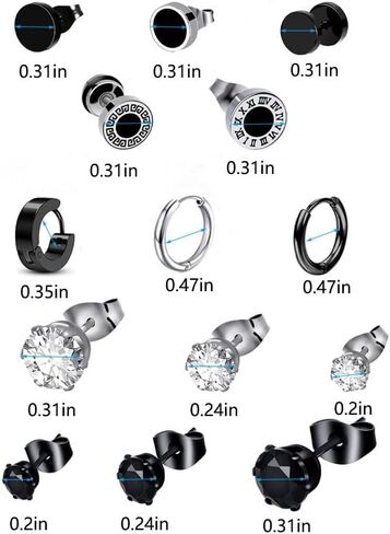 14 pairs of stainless steel earrings for men and women, multi piece anti allergic Huggie small ring earring set, exquisite black silver cubic zirconia cartilage earring hoop in Saudi Arabia