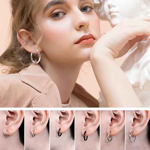 14 pairs of stainless steel earrings for men and women, multi piece anti allergic Huggie small ring earring set, exquisite black silver cubic zirconia cartilage earring hoop in Saudi Arabia
