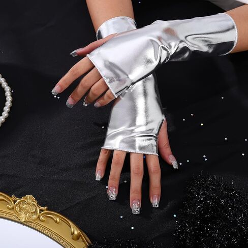 Short Opera Party Gloves Shiny Flapper Short Fingerless Metallic Gloves for Women and Girl in Kuwait
