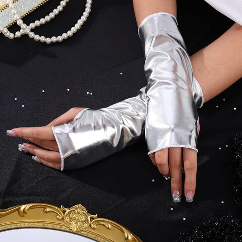 Short Opera Party Gloves Shiny Flapper Short Fingerless Metallic Gloves for Women and Girl in Kuwait