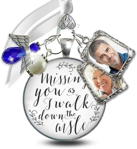 Bouquet Photo Charm Wedding Memory Something Blue Angel - I Know You'd Be Here If Heaven Honor Love One, Silver Finish Handmade Bridal Jewelry White Glass Pendant 2 Frames Gift Message & Box for Bride in Saudi Arabia