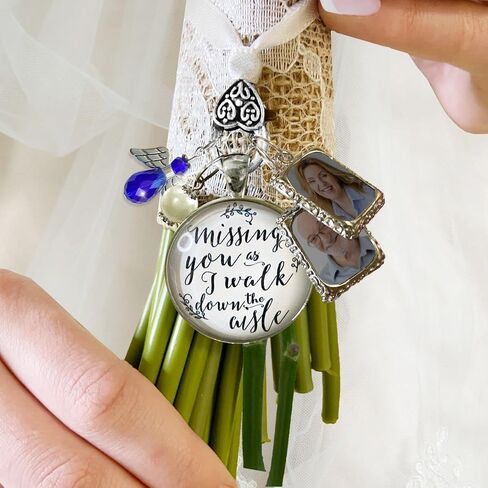 Bouquet Photo Charm Wedding Memory Something Blue Angel - I Know You'd Be Here If Heaven Honor Love One, Silver Finish Handmade Bridal Jewelry White Glass Pendant 2 Frames Gift Message & Box for Bride in Saudi Arabia