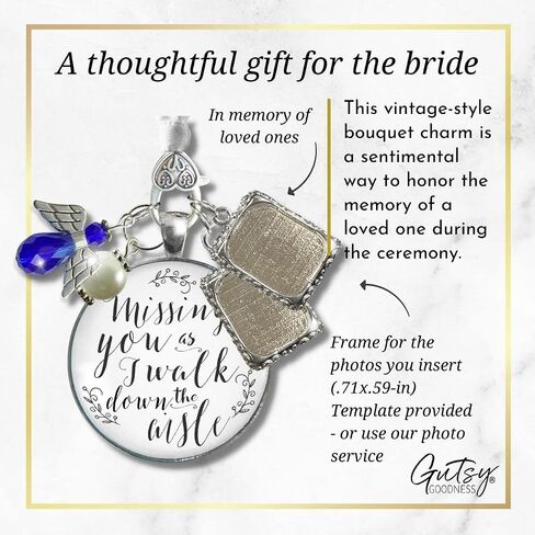 Bouquet Photo Charm Wedding Memory Something Blue Angel - I Know You'd Be Here If Heaven Honor Love One, Silver Finish Handmade Bridal Jewelry White Glass Pendant 2 Frames Gift Message & Box for Bride in Saudi Arabia