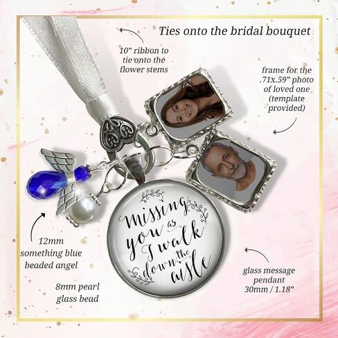 Bouquet Photo Charm Wedding Memory Something Blue Angel - I Know You'd Be Here If Heaven Honor Love One, Silver Finish Handmade Bridal Jewelry White Glass Pendant 2 Frames Gift Message & Box for Bride in Saudi Arabia