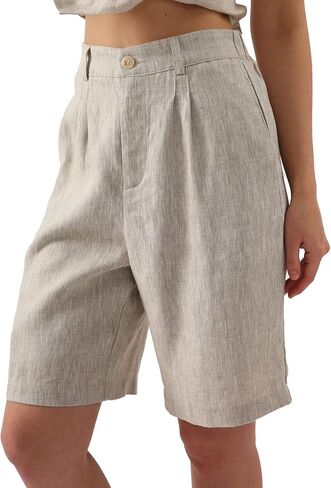 Amazhiyu Womens Pure Linen Summer Casual High Waisted Bermuda Shorts for Lounge Beach Flax, Small in Saudi Arabia