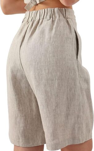 Amazhiyu Womens Pure Linen Summer Casual High Waisted Bermuda Shorts for Lounge Beach Flax, Small in Saudi Arabia