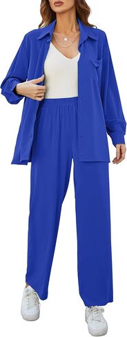 طقم نسائي كاجوال من MISSKY مكون من قطعتين وأكمام طويلة وأزرار سفلية وبنطلون واسع الساق in Kuwait