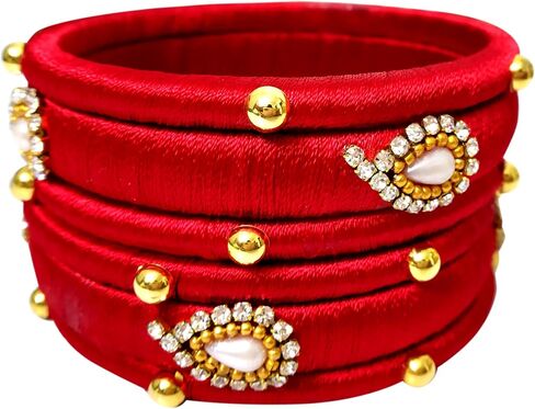 GOELX Silk Thread Red Designer Bangles with Gold Bead. Pack of 6 Bangles in Saudi Arabia