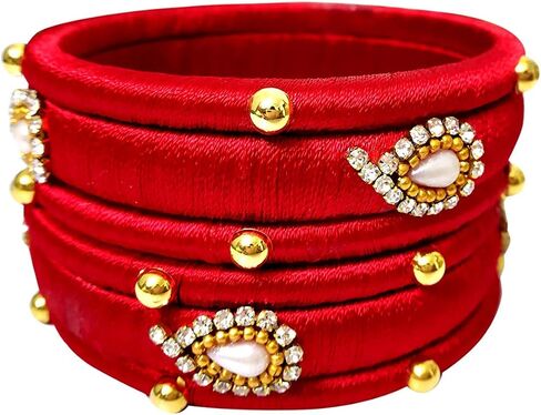 GOELX Silk Thread Red Designer Bangles with Gold Bead. Pack of 6 Bangles in Saudi Arabia