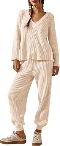 Tankaneo Womens Knit Sets Oversized V Neck Sweaters and Wide Leg Pants Fall Loungewear Trendy 2 Piece Outfits in Saudi Arabia