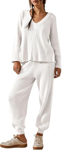 Tankaneo Womens Knit Sets Oversized V Neck Sweaters and Wide Leg Pants Fall Loungewear Trendy 2 Piece Outfits in Saudi Arabia