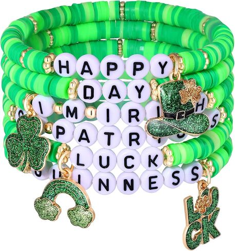 St.Patrick’s Day Bracelets 2-6 PCS Green Beaded Stretch Bracelets for Women Glitter Shamrock Top Hat Irish Themed Bracelets Holiday Jewelry Gifts in Saudi Arabia