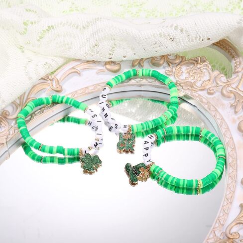 St.Patrick’s Day Bracelets 2-6 PCS Green Beaded Stretch Bracelets for Women Glitter Shamrock Top Hat Irish Themed Bracelets Holiday Jewelry Gifts in Saudi Arabia