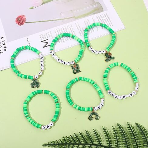 St.Patrick’s Day Bracelets 2-6 PCS Green Beaded Stretch Bracelets for Women Glitter Shamrock Top Hat Irish Themed Bracelets Holiday Jewelry Gifts in Saudi Arabia