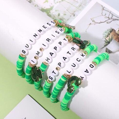 St.Patrick’s Day Bracelets 2-6 PCS Green Beaded Stretch Bracelets for Women Glitter Shamrock Top Hat Irish Themed Bracelets Holiday Jewelry Gifts in Saudi Arabia