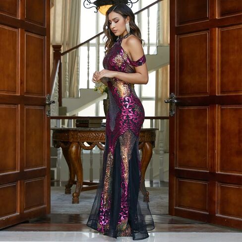 فستان Lin Lin Q نسائي رسمي طويل مزين بالترتر لحفلات حورية البحر، بدون ظهر بدون أكمام بطول الأرض للحفلات المسائية in Kuwait